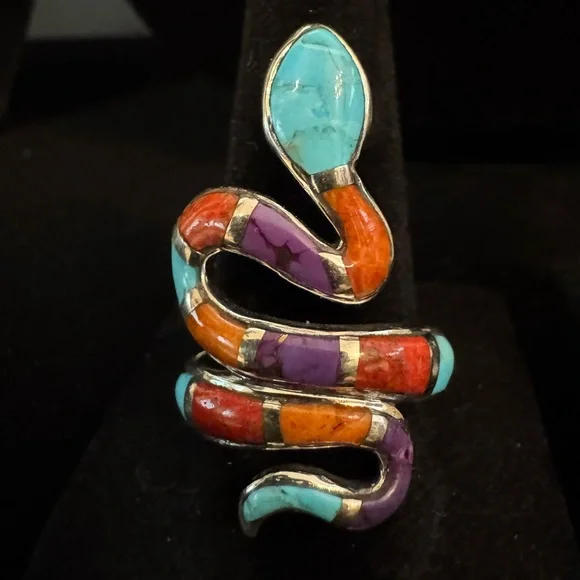 Native made Zuni Multicolor Turquoise Orange Purple Snake Ring - sterling silver - Picture 9 of 9